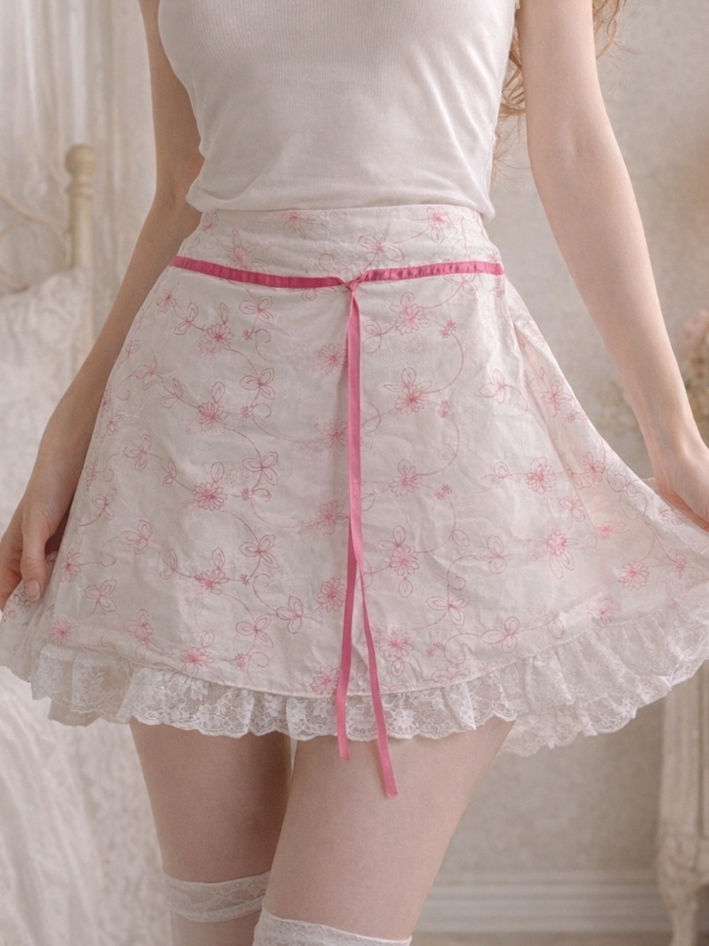 Vintage Y2K Floral Ribbon Skirt White Pink Lace Trim Fairycore Balletcore M